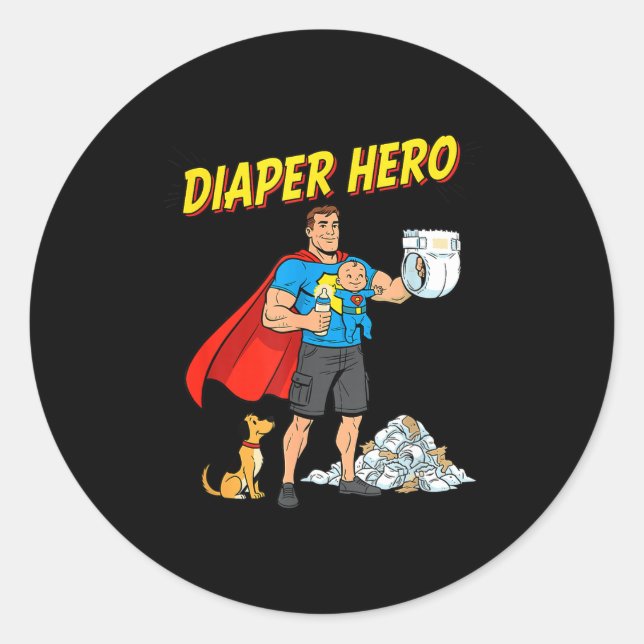 Sticker Rond Diaper Hero Funny Cartoon Dad Design For New Fathe (Devant)