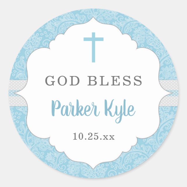 Sticker Rond Dieu Bénie baptême faveur | bleu damassé bébé garç (Devant)