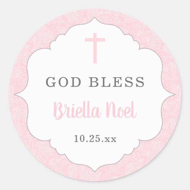 Sticker Rond Dieu Bénie baptême faveur | jeune fille rose damée (Devant)