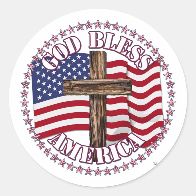 Sticker Rond Dieu bénisse l'Amérique et croise avec les États-U (Devant)
