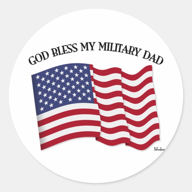 Sticker Rond DIEU BÉNISSE MON PÈRE MILITAIRE avec drapeau améri (Devant)