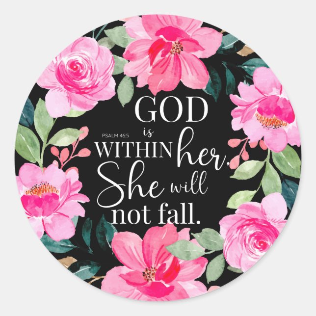 Sticker Rond Dieu est en elle - Psaume 46:5 Floral rose (Devant)