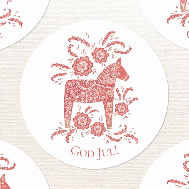 Sticker Rond Dieu Jul Dala Horse Fêtes Rouges (Swedish Dala Horse red and white God Jul sticker)