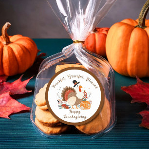 Sticker Rond Dinde de Thanksgiving avec citrouilles et feuilles