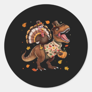 Sticker Rond Dinde drôle chevauchant le dinosaure T Rex Thanksg