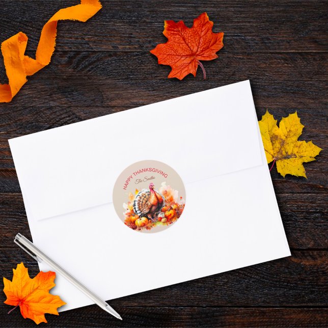 Sticker Rond Dindon et citrouilles de Thanksgiving à l'aquarell (Créateur téléchargé)
