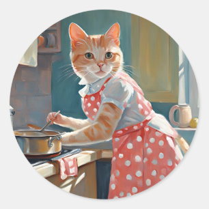 Sticker Rond Dîner cuisine femme au foyer au chat