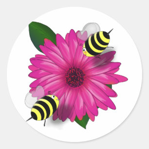 Sticker Rond Dîner d'abeille sur Fleur rose