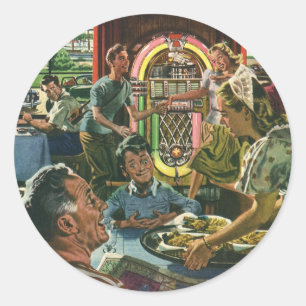 Sticker Rond Dîner de famille rétro dans un diner avec un jukeb