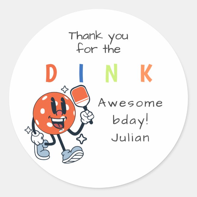Sticker Rond Dink Pickleball Party Sports Cartoon Mascotte Padd (Devant)