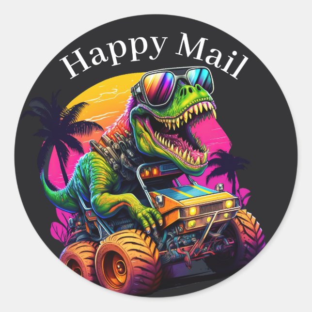 Sticker Rond Dino Monster Truck Happy Mail (Devant)
