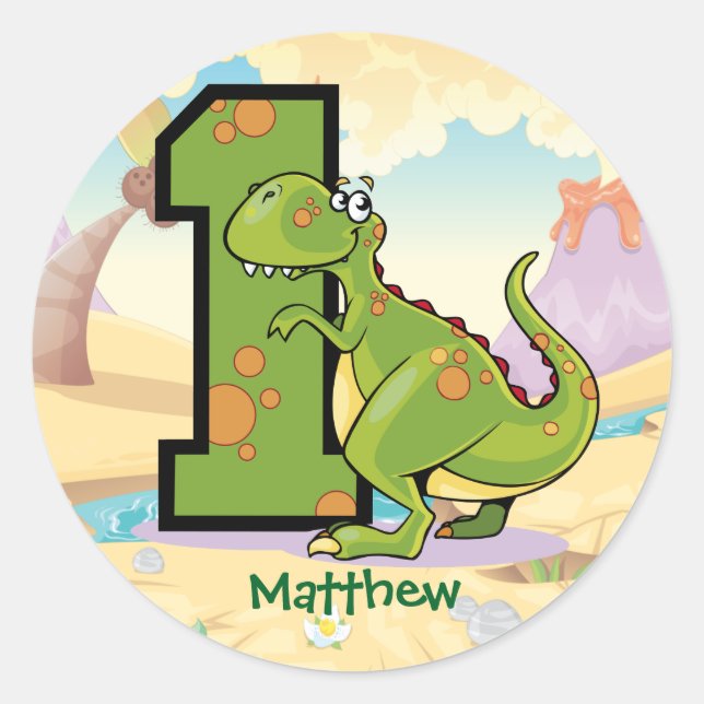 Sticker Rond Dinosaur 1er anniversaire fête personnalisée (Devant)