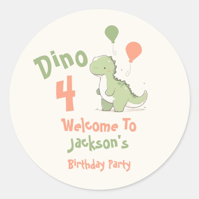 Sticker Rond Dinosaur 4ème anniversaire fête Bienvenue (Devant)