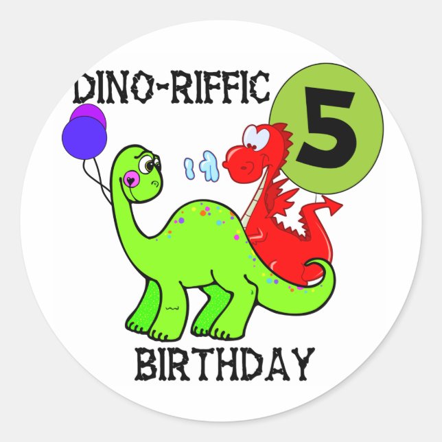 Sticker Rond Dinosaur 5e anniversaire T-shirts et cadeaux (Devant)