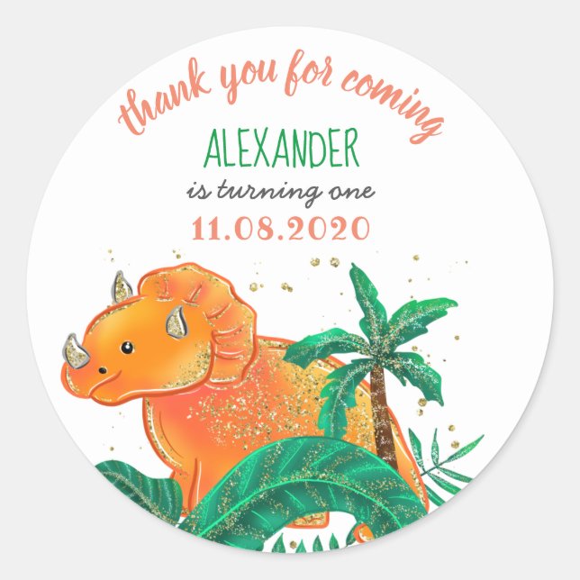 Sticker Rond Dinosaur Anniversaire Soirée Cute Triceratops Merc (Devant)