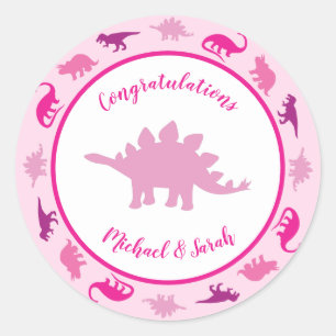 Sticker Rond Dinosaur Baby shower Dino Rose Girl