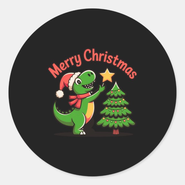 Sticker Rond Dinosaur Christmas Merry Christmas T-rex Decoratin (Devant)