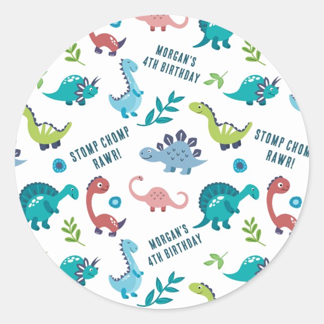 Sticker Rond Dinosaur fête d'anniversaire (Devant)