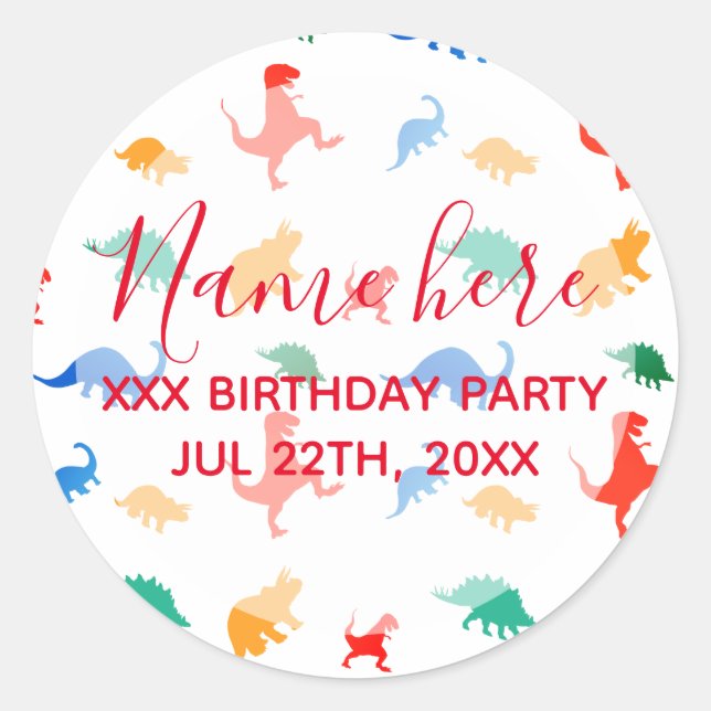 Sticker Rond Dinosaur fête d'anniversaire en faveur du motif co (Devant)