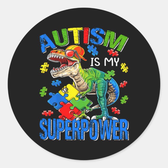Sticker Rond Dinosaur Rex Autisme Est Mon Adjudant Autisme Supe (Devant)