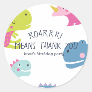 Sticker Rond Dinosaur Roar Girls Anniversaire rose