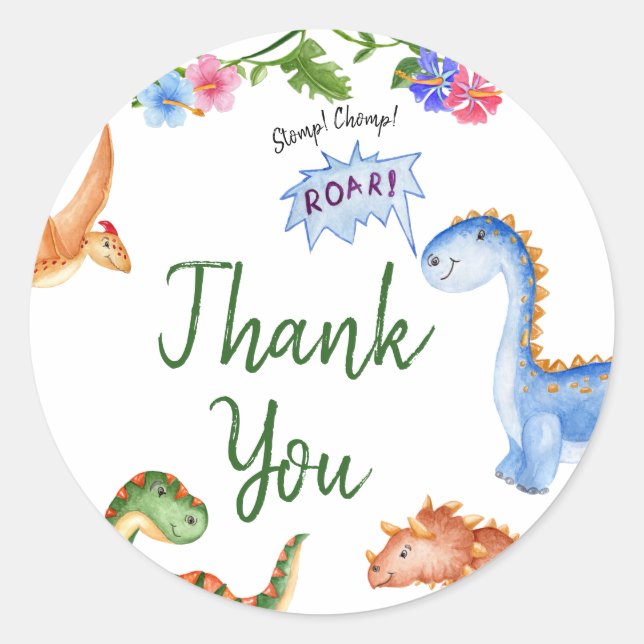 Sticker Rond Dinosaur Stomp Chomp Rawr fête d'anniversaire (Devant)