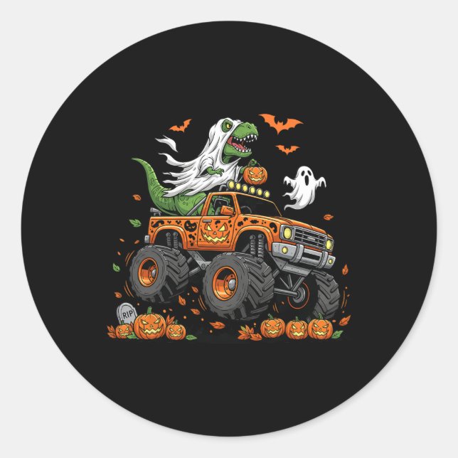 Sticker Rond Dinosaur T-rex équitation Monster Camion Halloween (Devant)