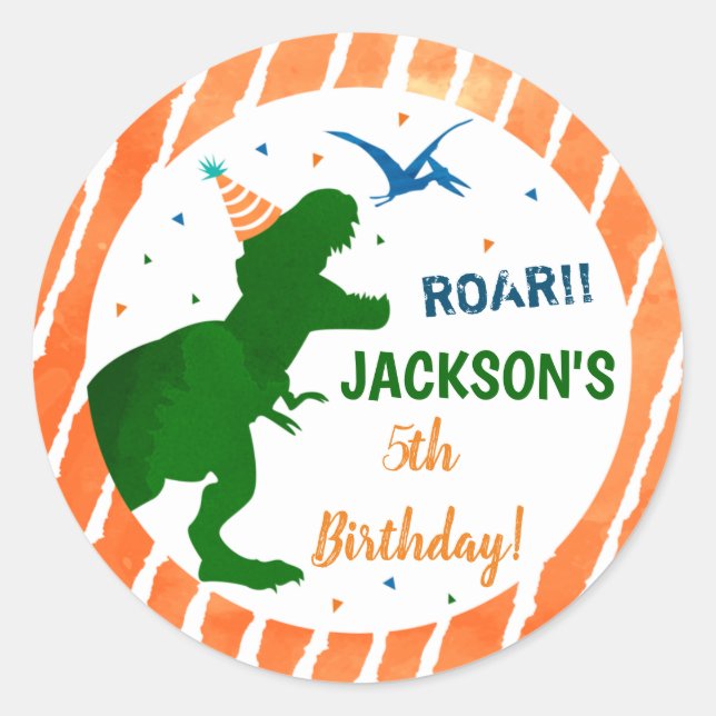 Sticker Rond Dinosaur Trois Rex Anniversaire Fête Favoriser Sti (Devant)