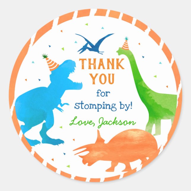 Sticker Rond Dinosaur Trois Rex Anniversaire Fête Favoriser Sti (Devant)