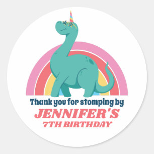 Sticker Rond Dinosaur Unicorn et Rainbow Anniversaire de enfant