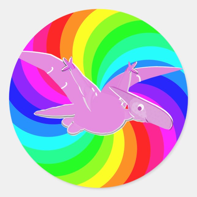 Sticker Rond Dinosaure arc-en-ciel Pteranodon rose (Devant)