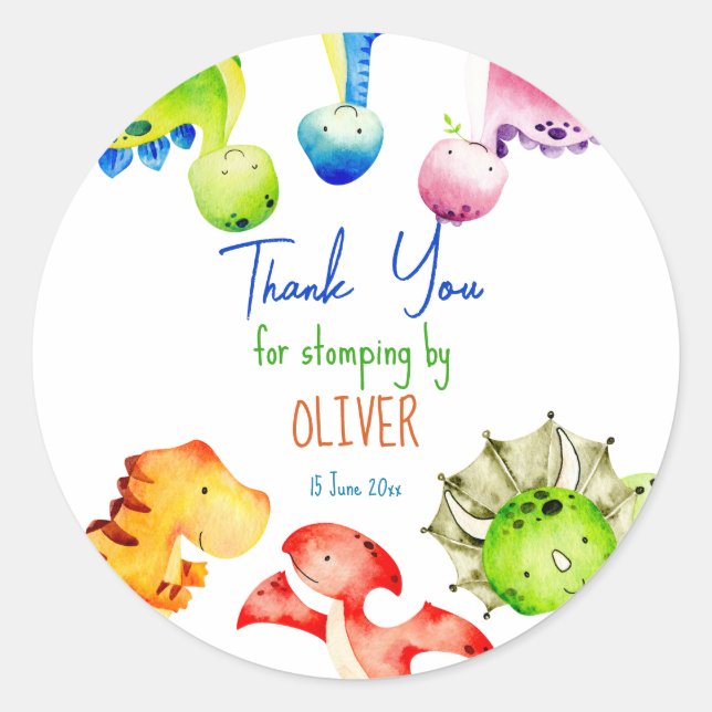 Sticker Rond Dinosaure coloré fête d'anniversaire personnalisée (Devant)