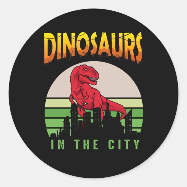 Sticker Rond Dinosaure dans la ville | Design de dinosaure (Devant)