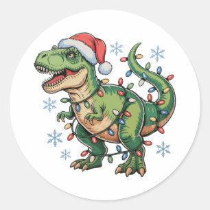 Sticker Rond Dinosaure de Noël T Rex Joyeux Noël Lumières Père 