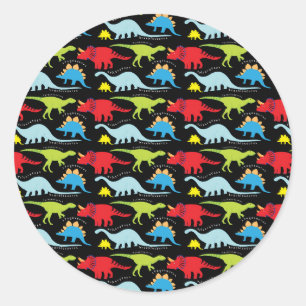 Sticker Rond Dinosaure Dessins bleu rouge vert sur noir