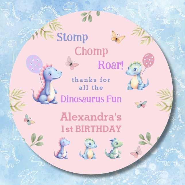 Sticker Rond Dinosaure fille rose 1er anniversaire Merci (Créateur téléchargé)