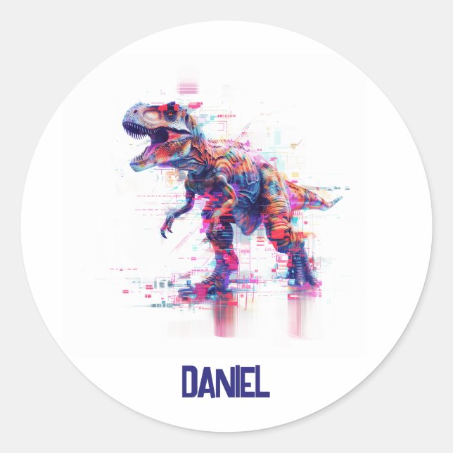 Sticker Rond Dinosaure Rex T-Rex Futuriste Avec Nom Enfants (Devant)