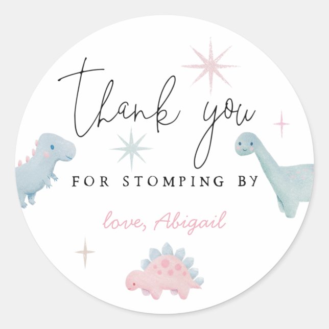 Sticker Rond Dinosaure Rose Anniversaire Stomping Par Faveur (Devant)