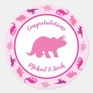 Sticker Rond Dinosaure rose Baby shower mignonne Dino fille