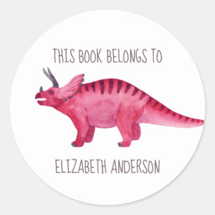 Sticker Rond Dinosaure rose "Ce livre appartient à" Plaque