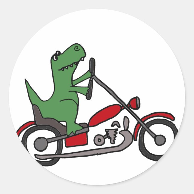 Sticker Rond Dinosaure T-rex drôle sur moto rouge (Devant)