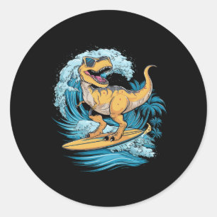 Sticker Rond Dinosaure T-rex Surfeur de plage 
