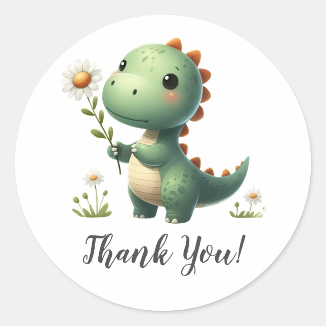 Sticker Rond Dinosaure vert avec Merci à fleurs (Devant)