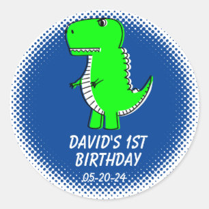 Sticker Rond Dinosaure Vert Dessin Premier Anniversaire Fête Fa