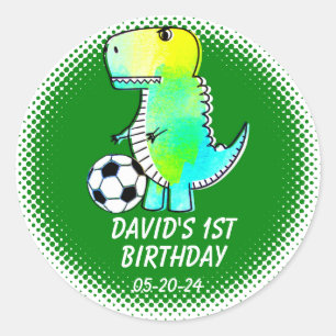 Sticker Rond Dinosaure Vert Dessin Premier Anniversaire Fête Fa