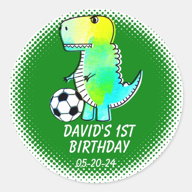 Sticker Rond Dinosaure Vert Dessin Premier Anniversaire Fête Fa (Devant)