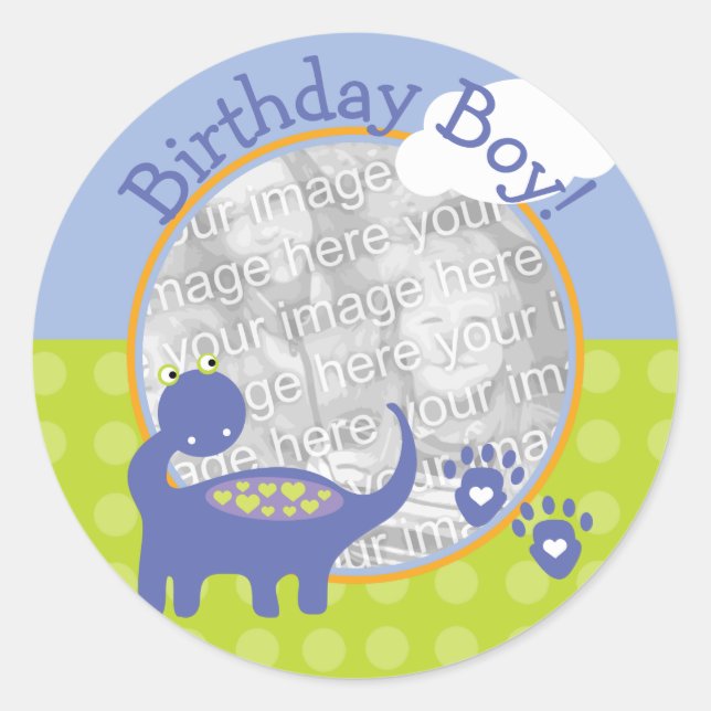 Sticker Rond Dinosaure violet Birthday Boy with Dots Photo (Devant)