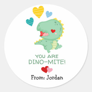 Sticker Rond Dinosaures et Coeurs de la Saint Valentin