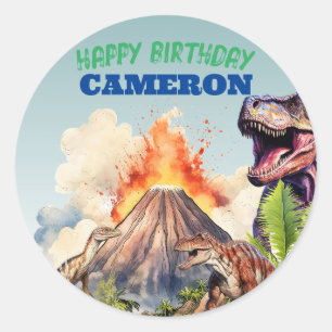 Sticker Rond Dinosaures réalistes et volcan Nom personnalisé