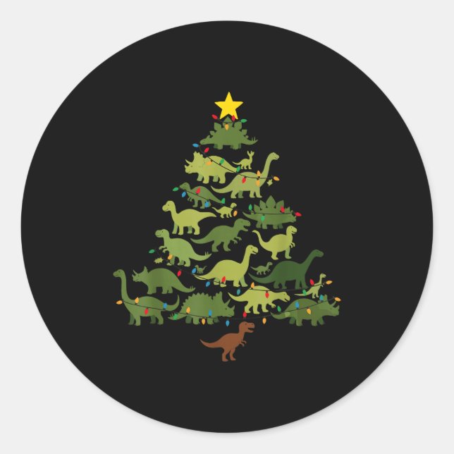 Sticker Rond Dinosaurs Christmas Tree Merry Dinomas Funny Famil (Devant)